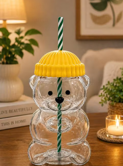 Cute Yellow Bear Glass Tumbler with Reusable Straw for Drinks