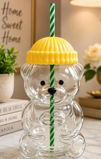 Cute Yellow Bear Glass Tumbler with Reusable Straw for Drinks