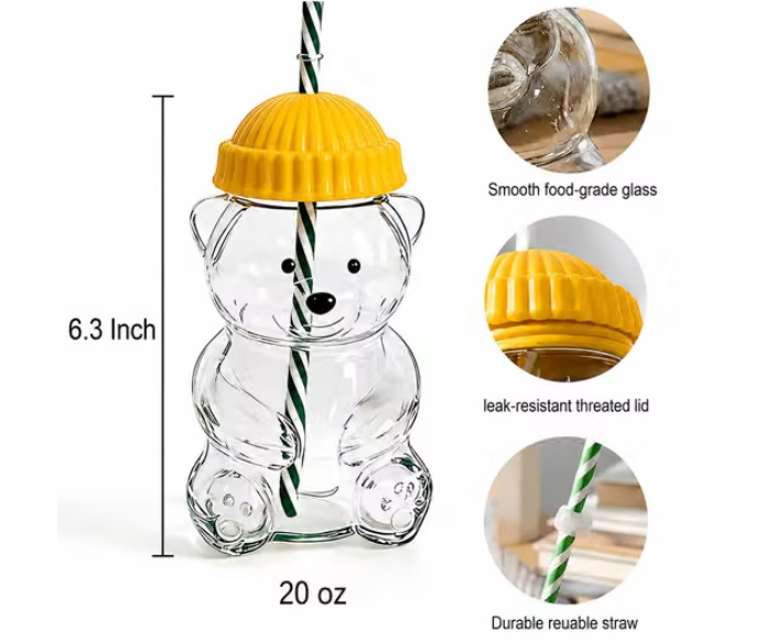 Cute Yellow Bear Glass Tumbler with Reusable Straw for Drinks