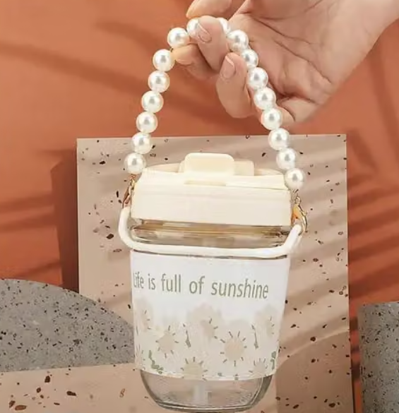 Chic Glass Tumbler with Pearl Strap & "Sunshine" Sleeve