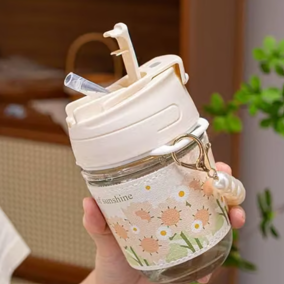 Chic Glass Tumbler with Pearl Strap & "Sunshine" Sleeve