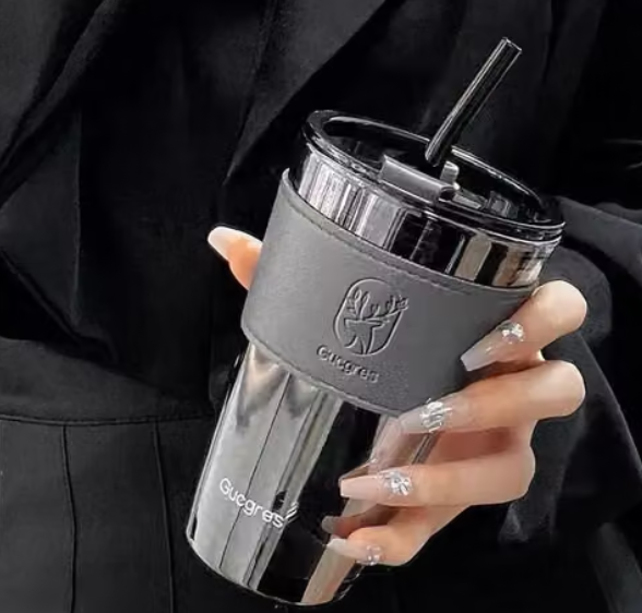 Premium Glass Tumbler with Leather Sleeve & Dual-Function Lid