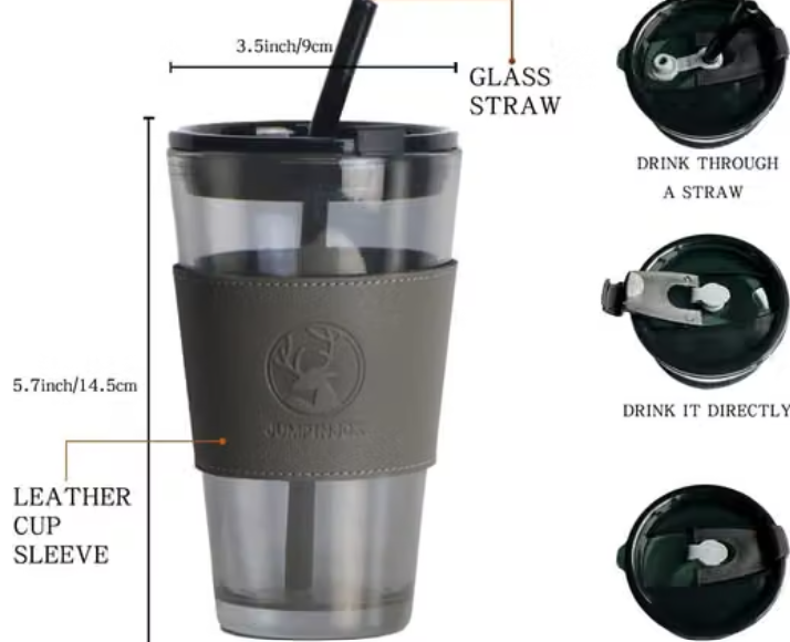 Premium Glass Tumbler with Leather Sleeve & Dual-Function Lid