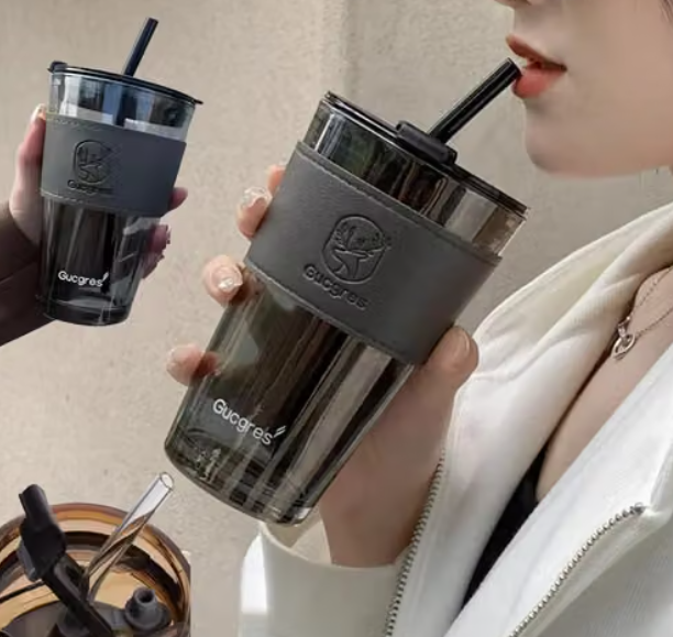 Premium Glass Tumbler with Leather Sleeve & Dual-Function Lid