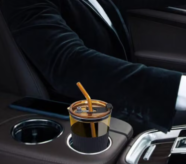 Premium Glass Tumbler with Leather Sleeve & Dual-Function Lid