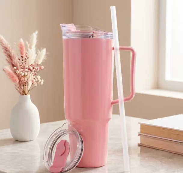 Premium large Tumbler with Handle & Straw - Pastel Pink