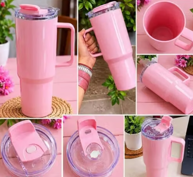 Premium large Tumbler with Handle & Straw - Pastel Pink